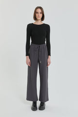 Knitted Wide Leg Trousers with Elastic Waistband - Dark Gray