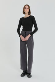 Knitted Wide Leg Trousers with Elastic Waistband - Dark Gray