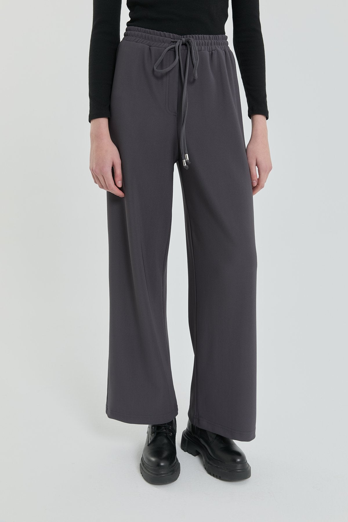 Knitted Wide Leg Trousers with Elastic Waistband - Dark Gray