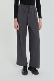 Knitted Wide Leg Trousers with Elastic Waistband - Dark Gray