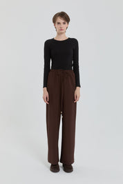 Knitted Wide Leg Trousers with Elastic Waistband - Brown