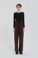 Knitted Wide Leg Trousers with Elastic Waistband - Brown