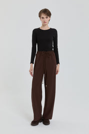Knitted Wide Leg Trousers with Elastic Waistband - Brown