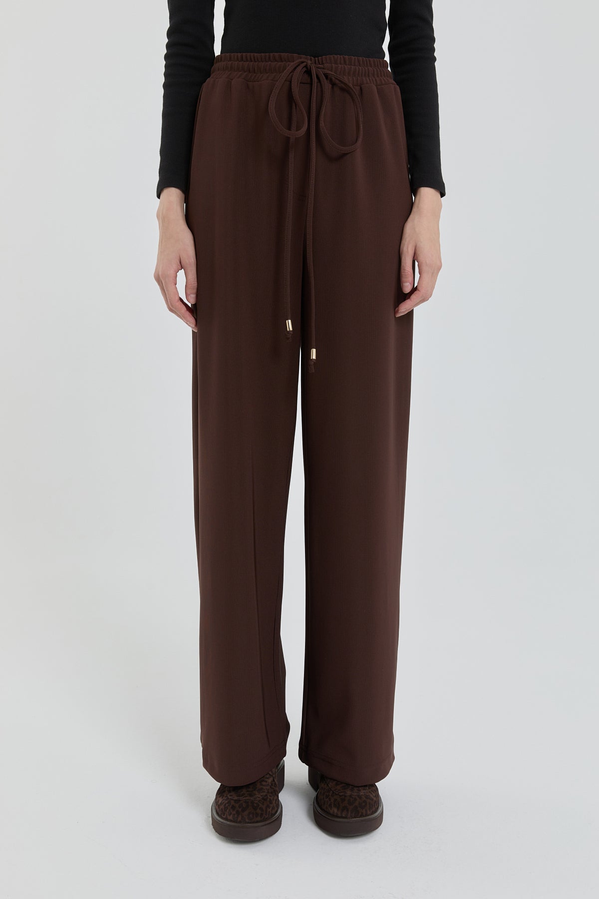 Knitted Wide Leg Trousers with Elastic Waistband - Brown