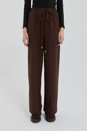 Knitted Wide Leg Trousers with Elastic Waistband - Brown