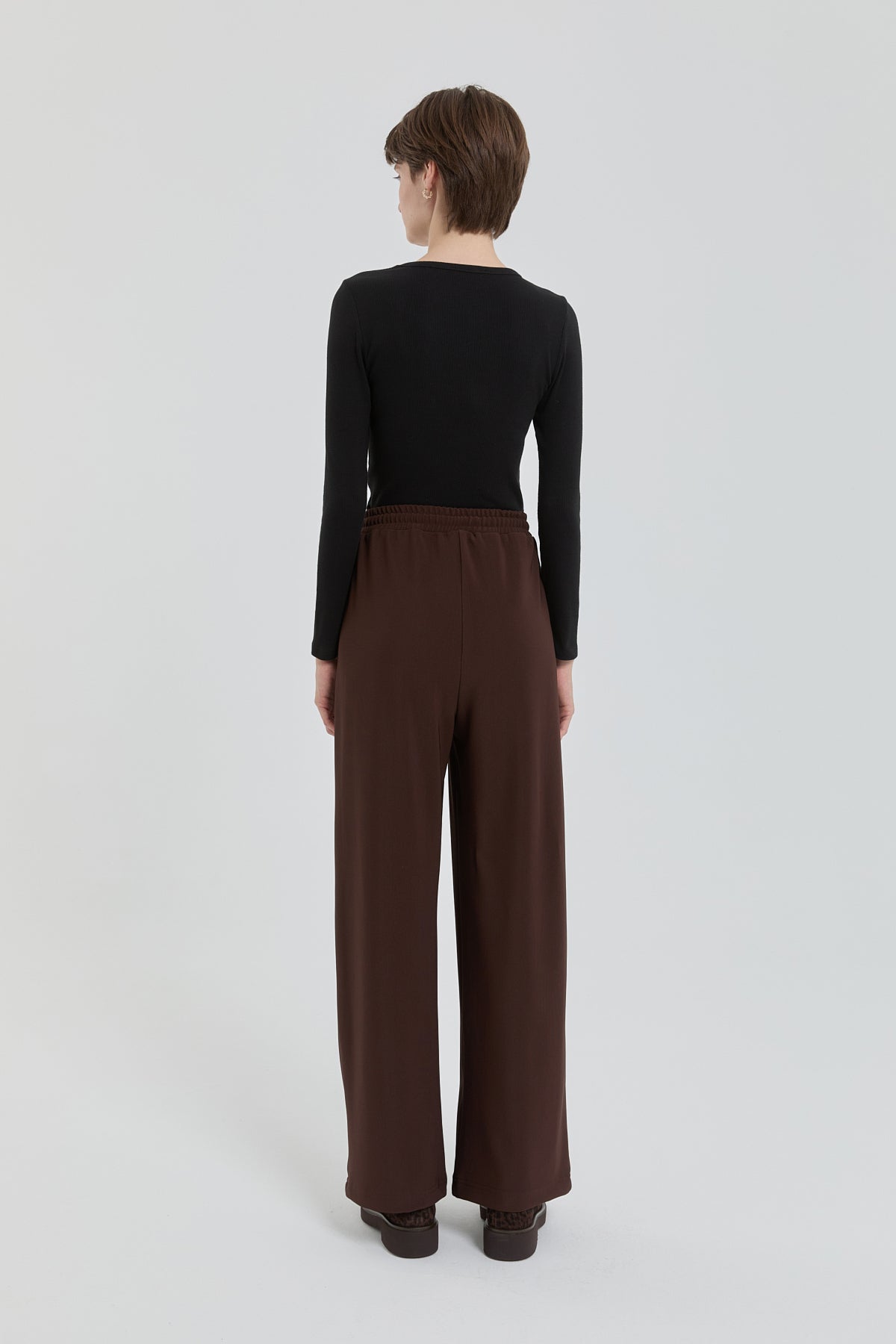 Knitted Wide Leg Trousers with Elastic Waistband - Brown
