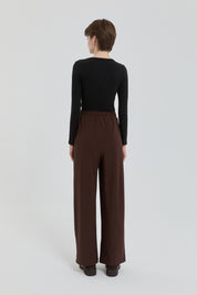 Knitted Wide Leg Trousers with Elastic Waistband - Brown