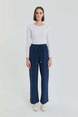Knitted Wide-Leg Trousers with Elastic Waistband - Navy Blue