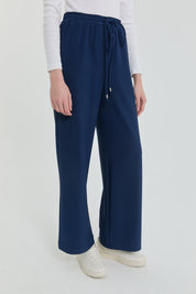 Knitted Wide-Leg Trousers with Elastic Waistband - Navy Blue