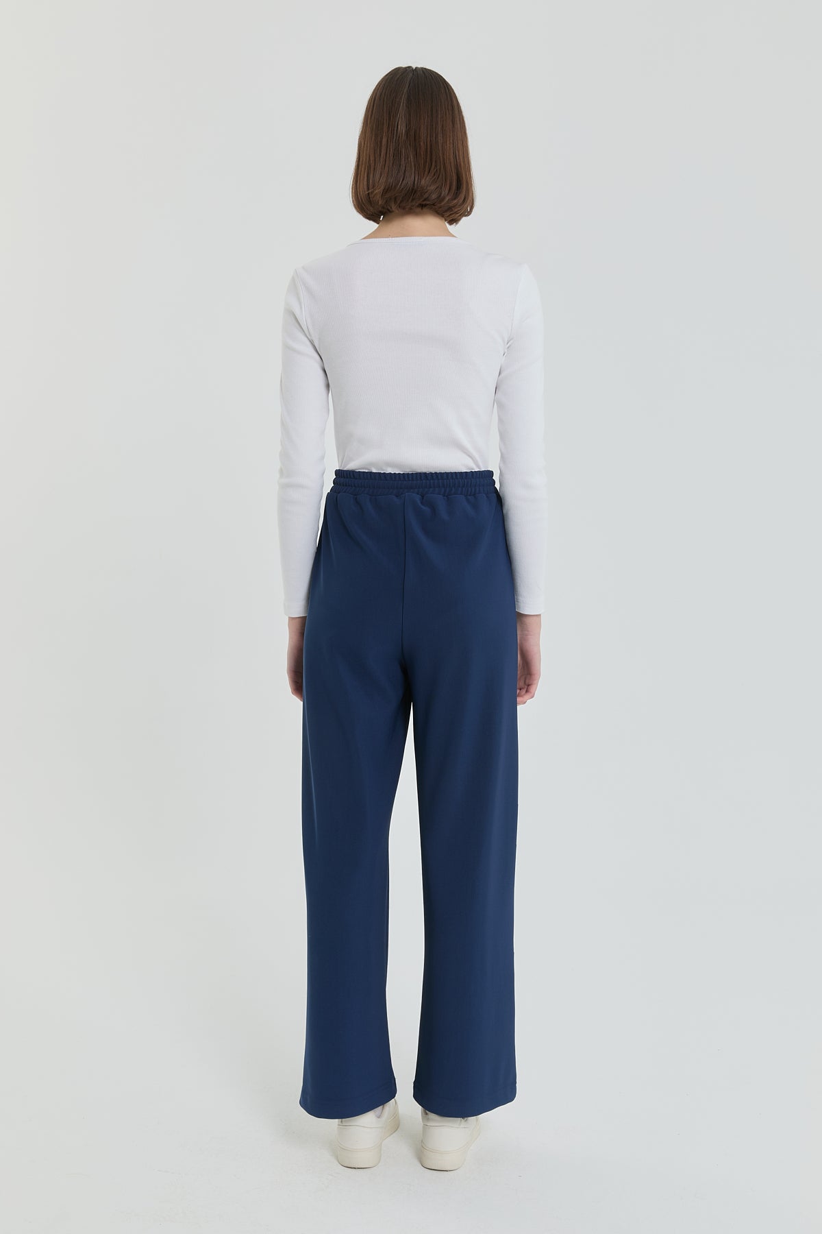Knitted Wide-Leg Trousers with Elastic Waistband - Navy Blue