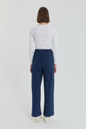 Knitted Wide-Leg Trousers with Elastic Waistband - Navy Blue