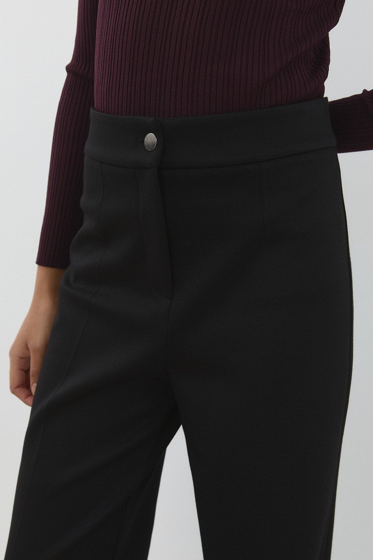 Örme Beli Lastikli Bol Paça Pantolon - Siyah