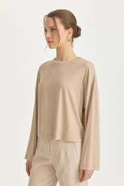 Örme Crop Rayon Karışımlı Bluz - Bej