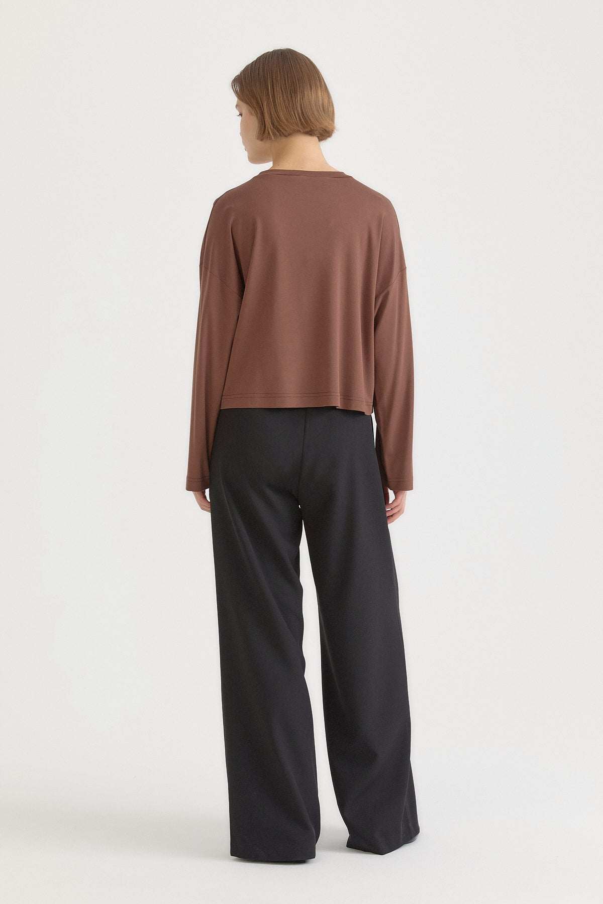 Örme Crop Rayon Karışımlı Bluz - Kahve