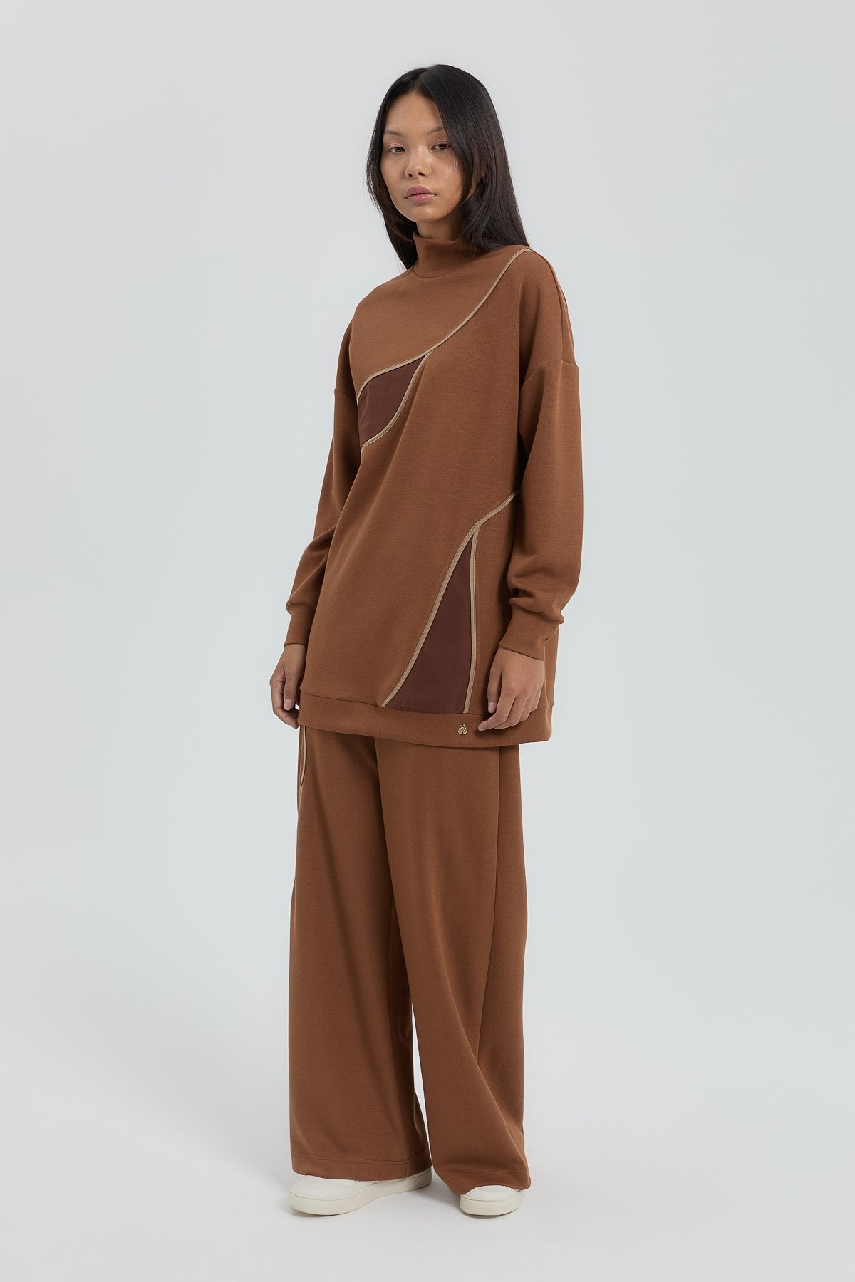 Knitted Trimmed Pants and Tunic Set - Light Brown