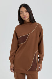 Knitted Trimmed Pants and Tunic Set - Light Brown