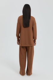 Knitted Trimmed Pants and Tunic Set - Light Brown