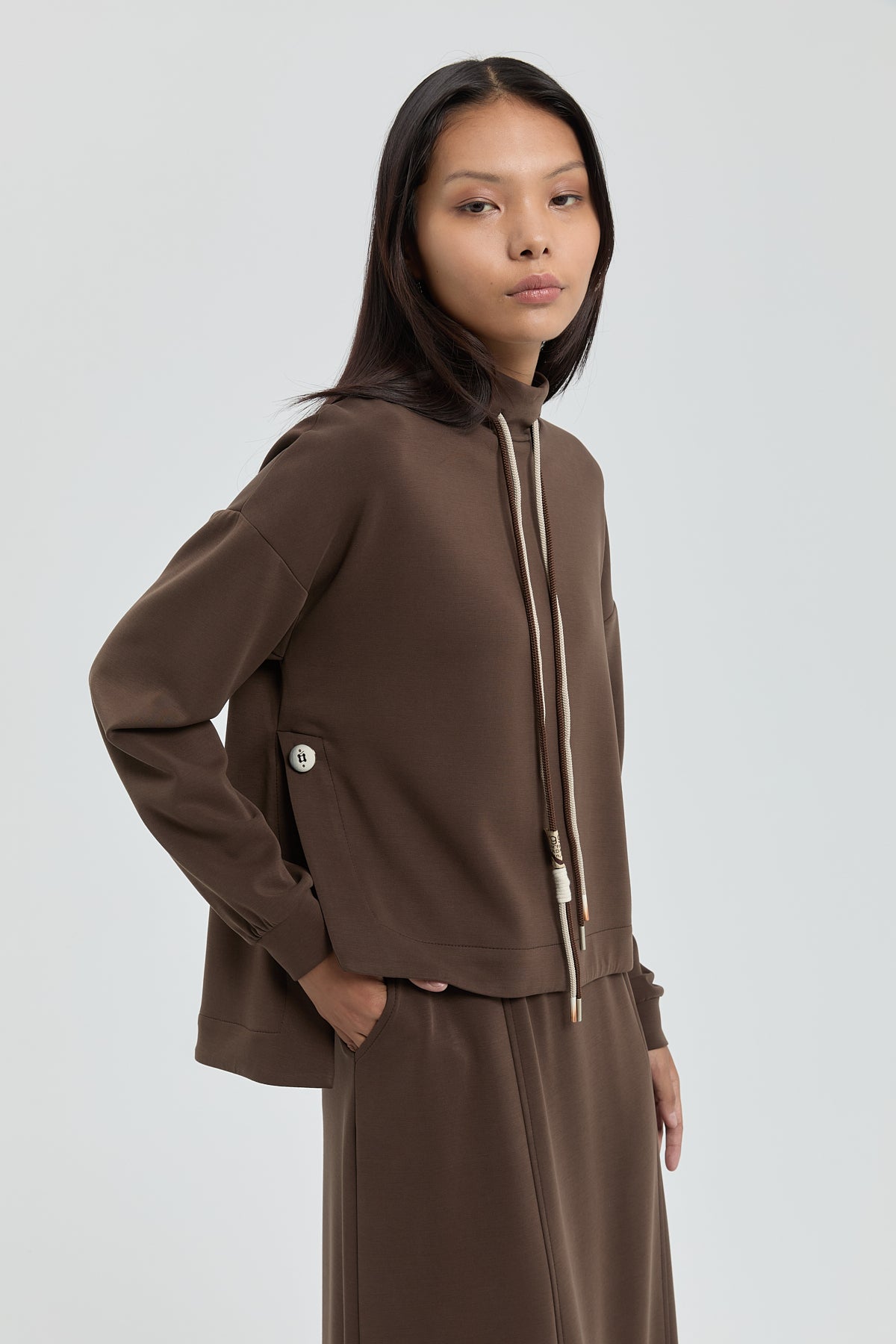 Knitted Sports Skirt Blouse Set - Coffee