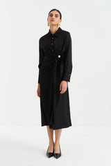 Jacquard Dress with Ostrich Feather and Stone Accessories - Black