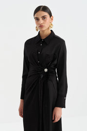 Jacquard Dress with Ostrich Feather and Stone Accessories - Black