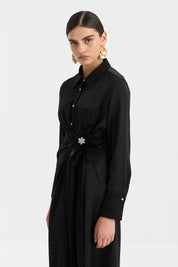 Jacquard Dress with Ostrich Feather and Stone Accessories - Black