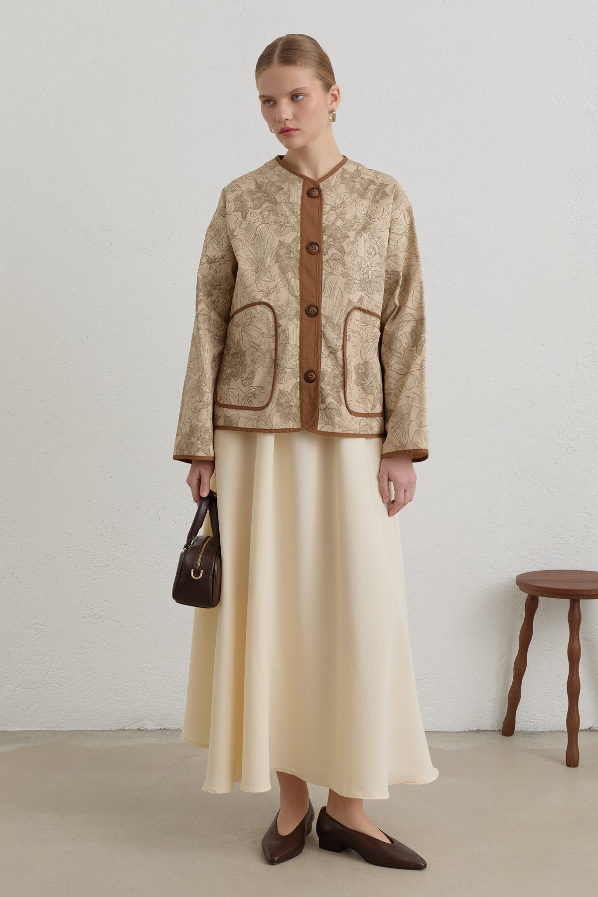Oversized Patterned Gabardine Cotton Jacket - Beige