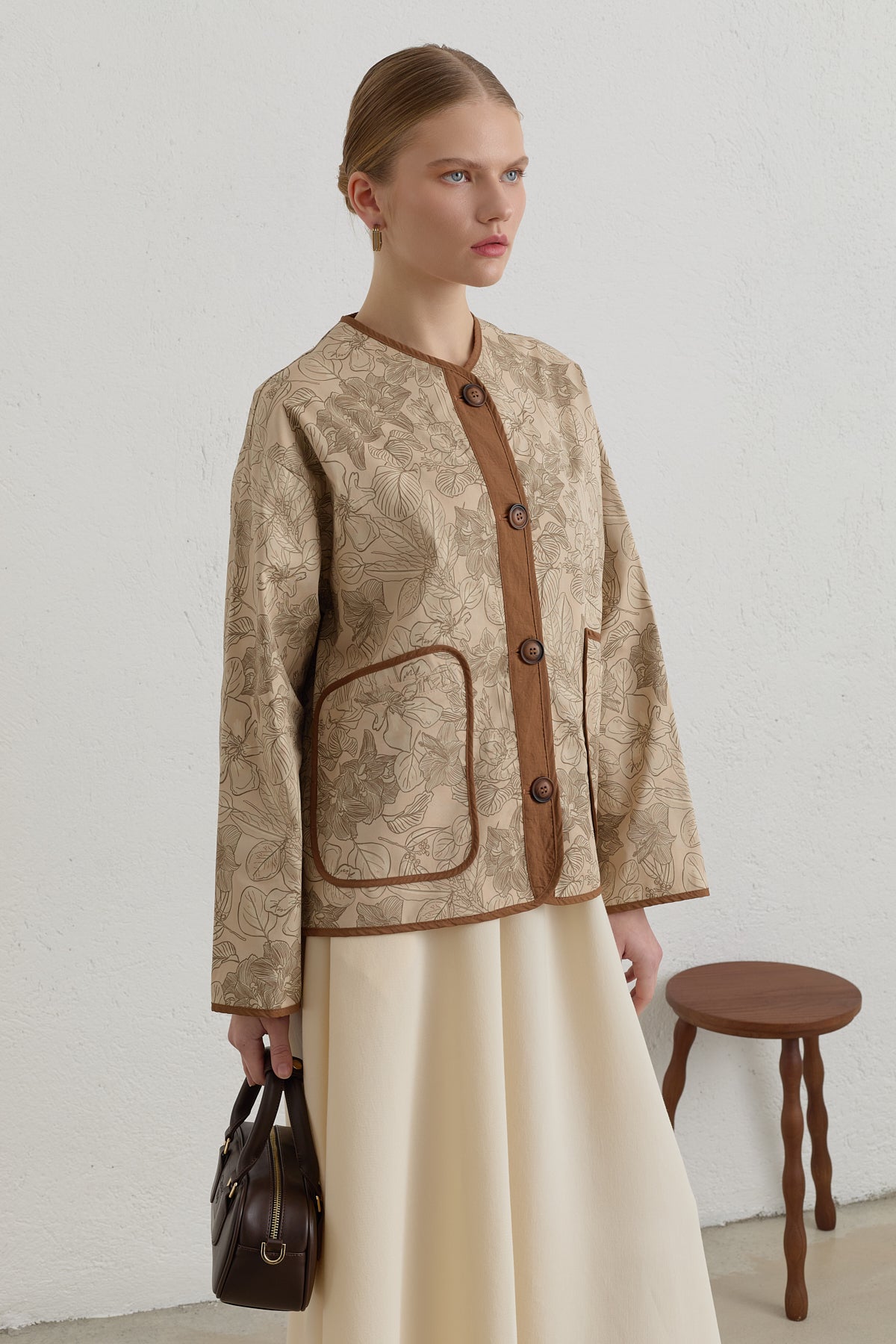 Oversized Patterned Gabardine Cotton Jacket - Beige