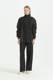 Oversize İnce Kapitone Mixli Sweat - Siyah