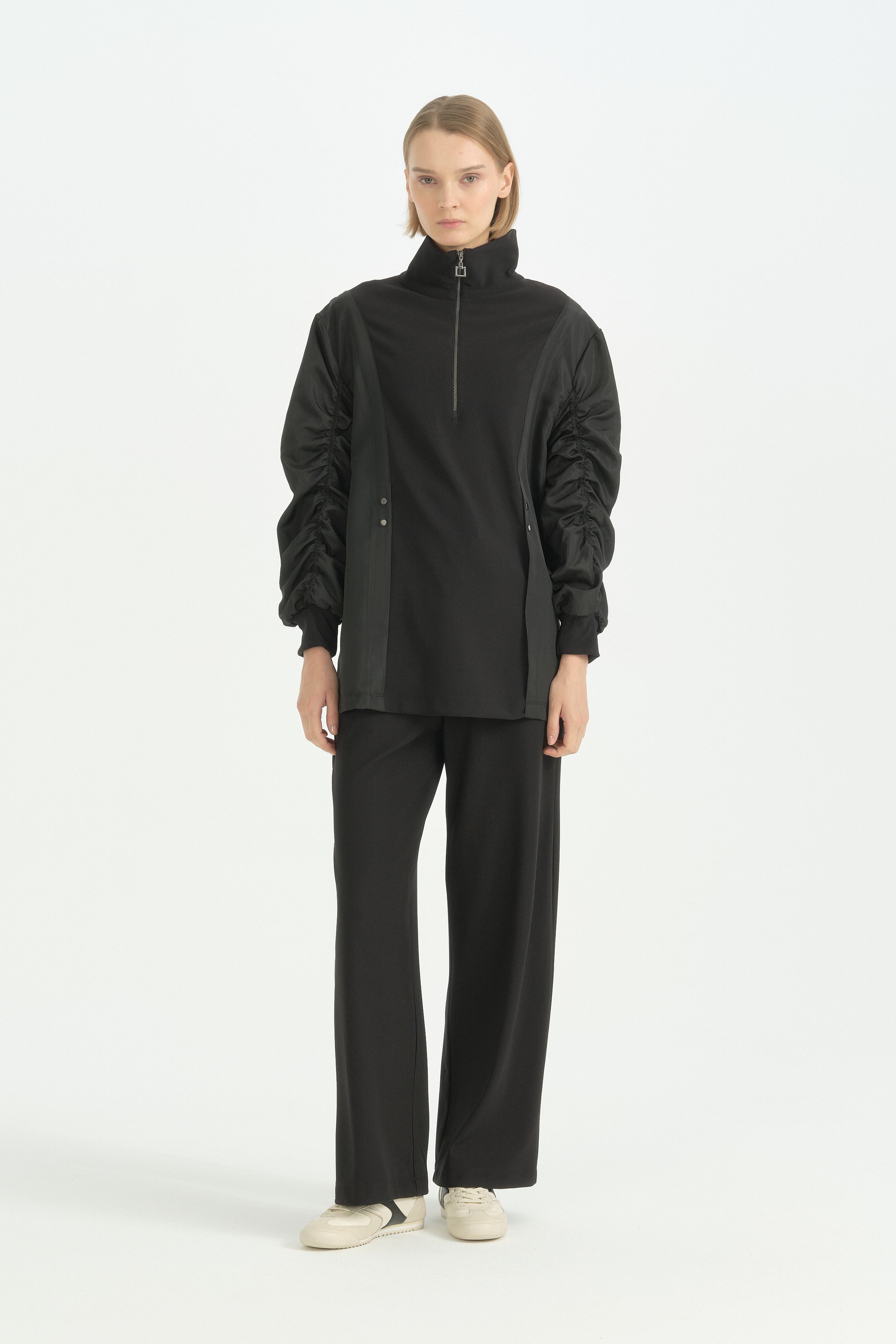 Oversize İnce Kapitone Mixli Sweat - Siyah