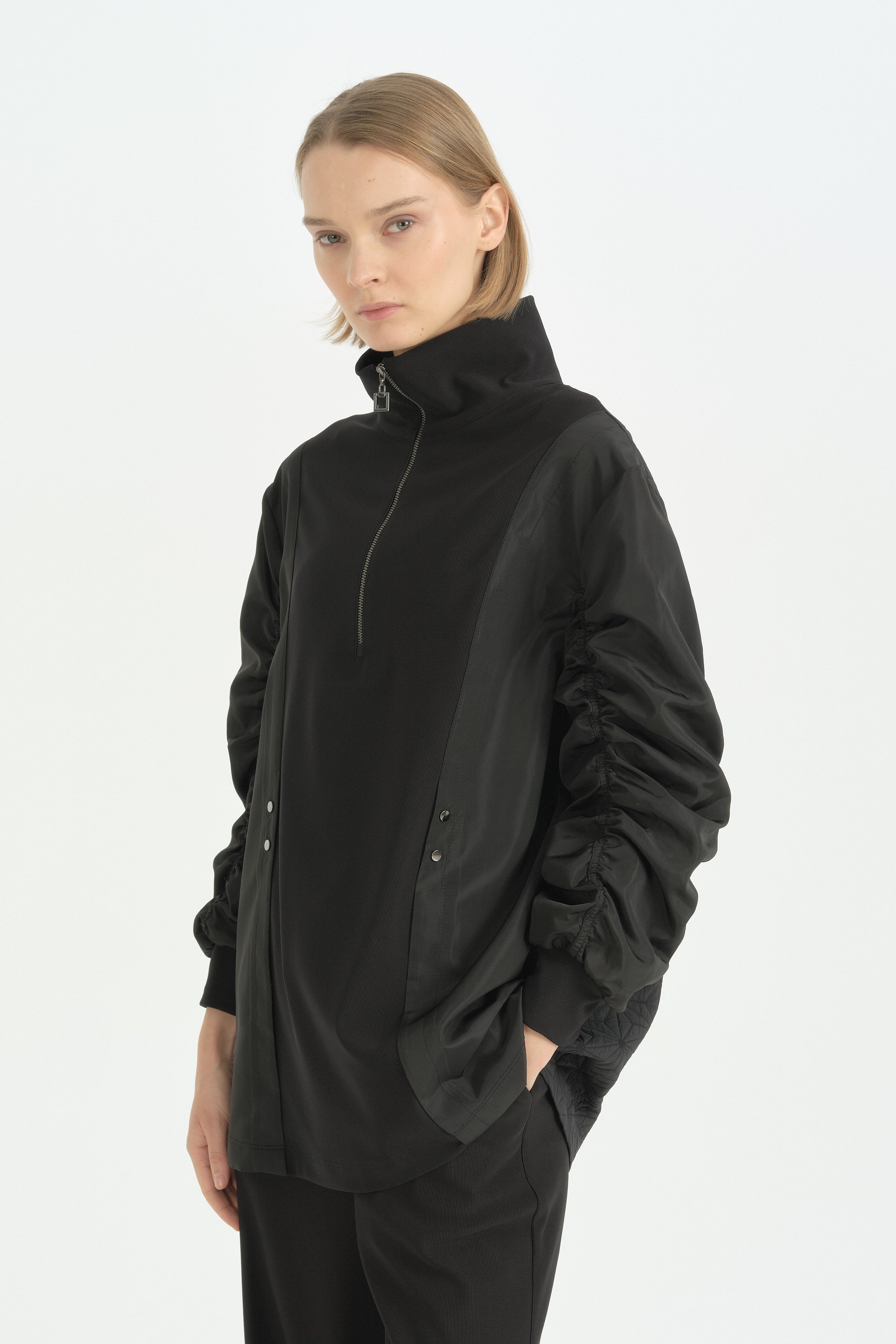 Oversize İnce Kapitone Mixli Sweat - Siyah