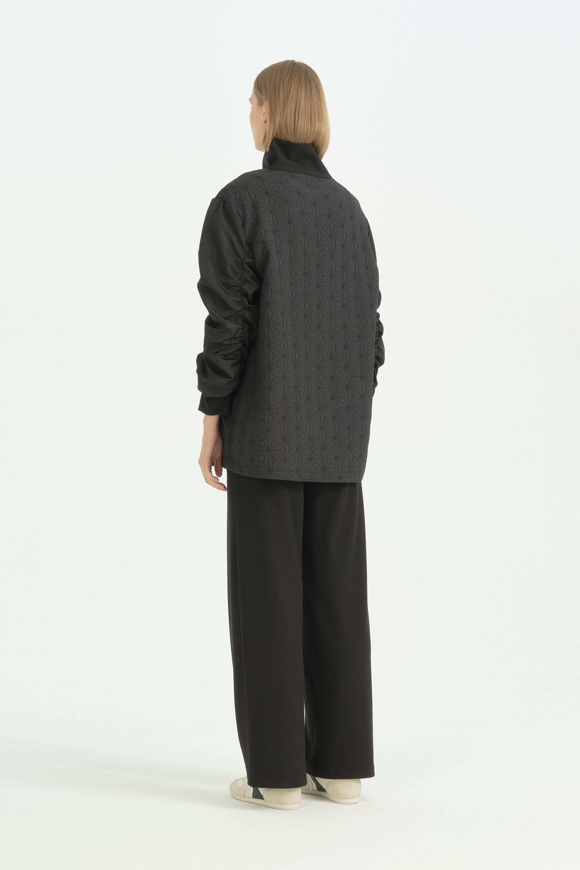 Oversize İnce Kapitone Mixli Sweat - Siyah