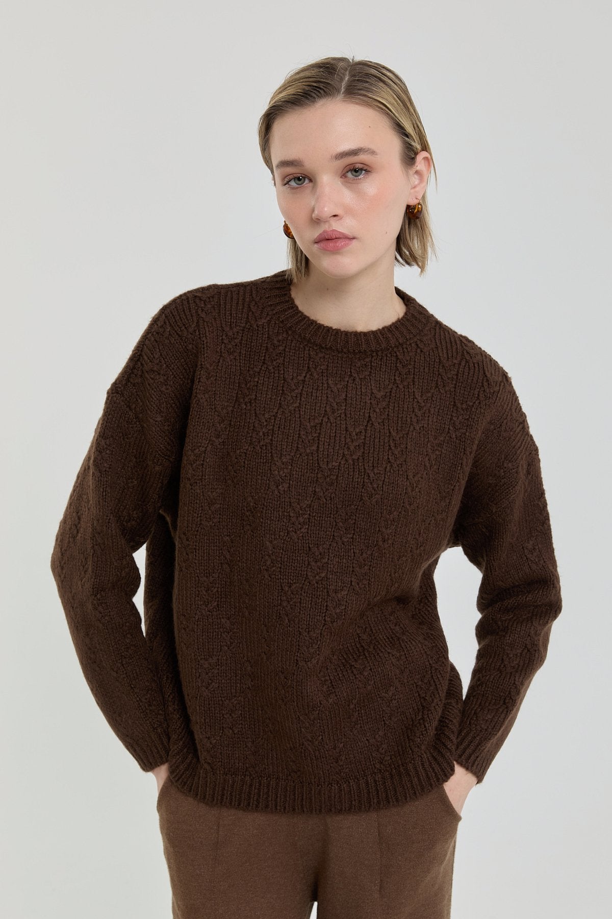 Oversize Küçük Desenli Kazak - Kahve