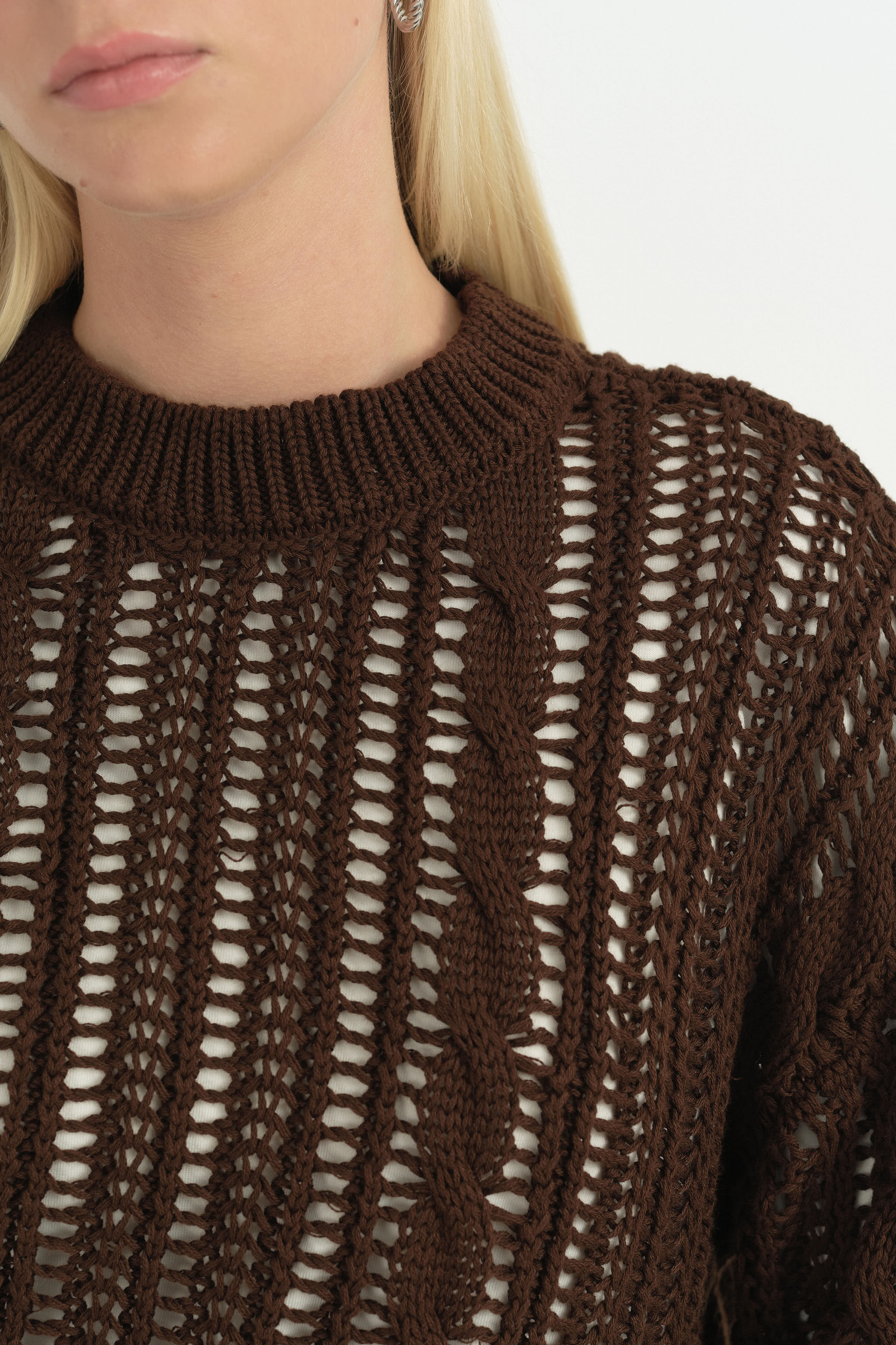 Oversize Örgü Detaylı Pamuklu Tunik - Acı Kahve