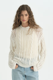 Oversize Örgü Detaylı Pamuklu Tunik - Ekru