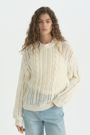 Oversize Örgü Detaylı Pamuklu Tunik - Krem