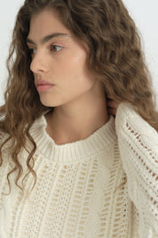 Oversize Örgü Detaylı Pamuklu Tunik - Krem