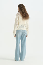 Oversize Örgü Detaylı Pamuklu Tunik - Krem