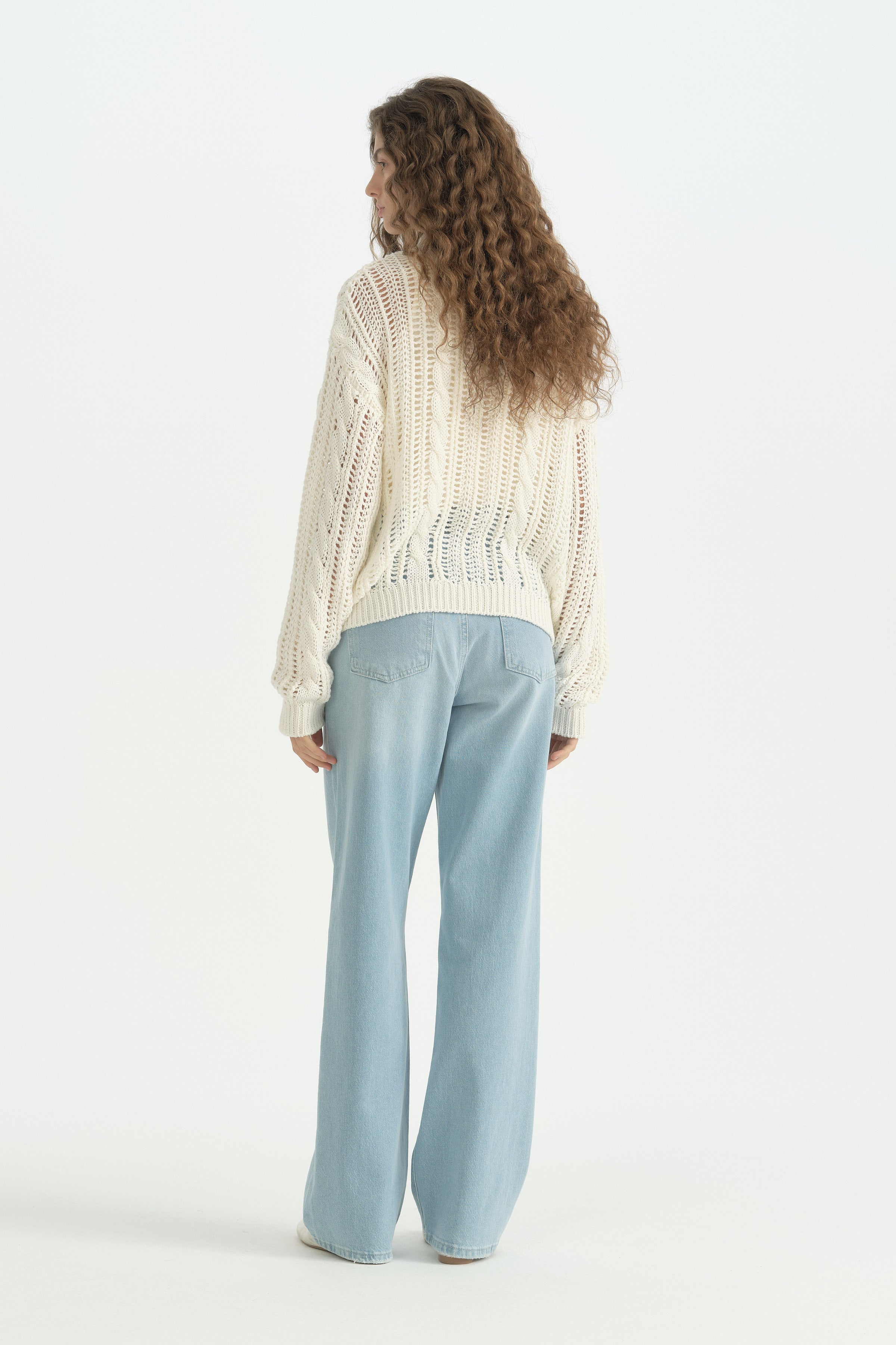 Oversize Örgü Detaylı Pamuklu Tunik - Krem