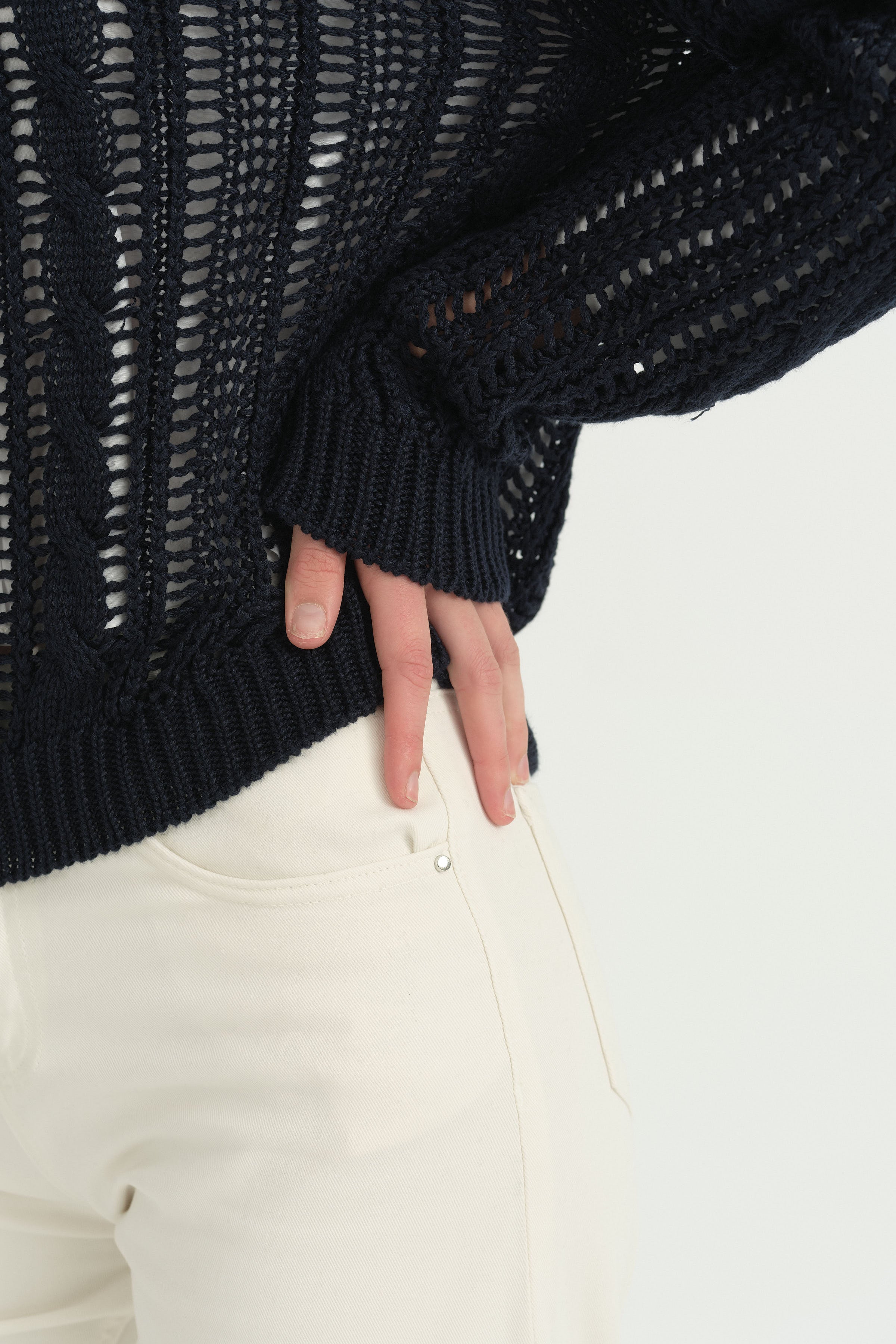 Oversize Örgü Detaylı Pamuklu Tunik - Lacivert
