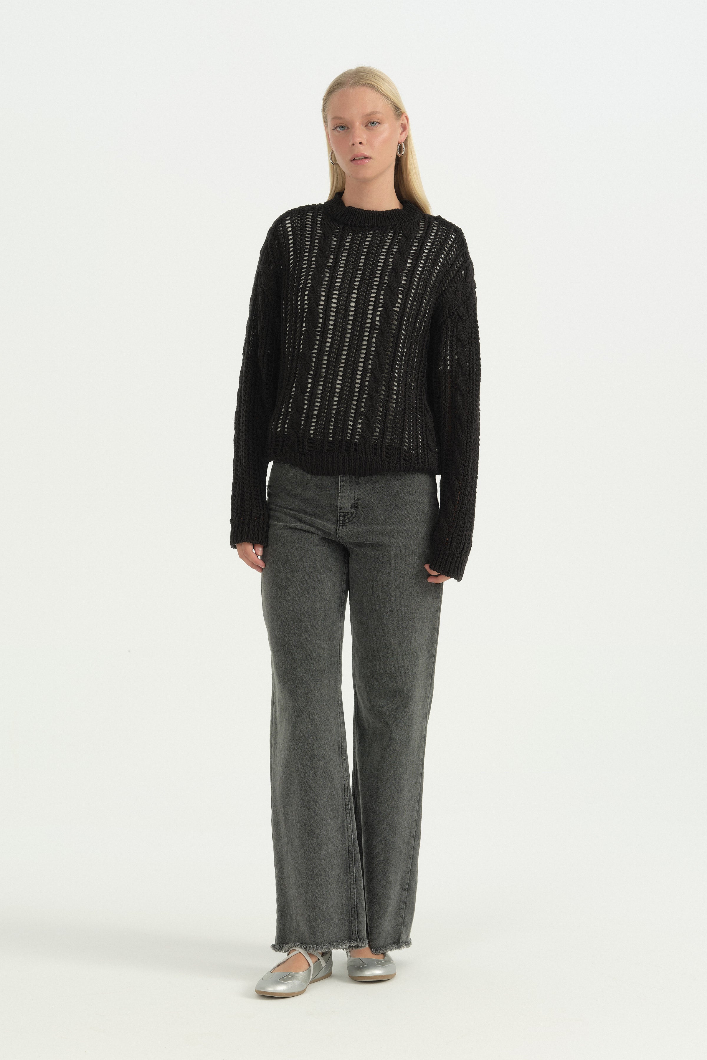 Oversize Örgü Detaylı Pamuklu Tunik - Siyah