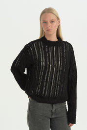 Oversize Örgü Detaylı Pamuklu Tunik - Siyah
