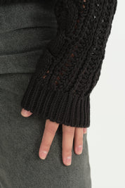 Oversize Örgü Detaylı Pamuklu Tunik - Siyah
