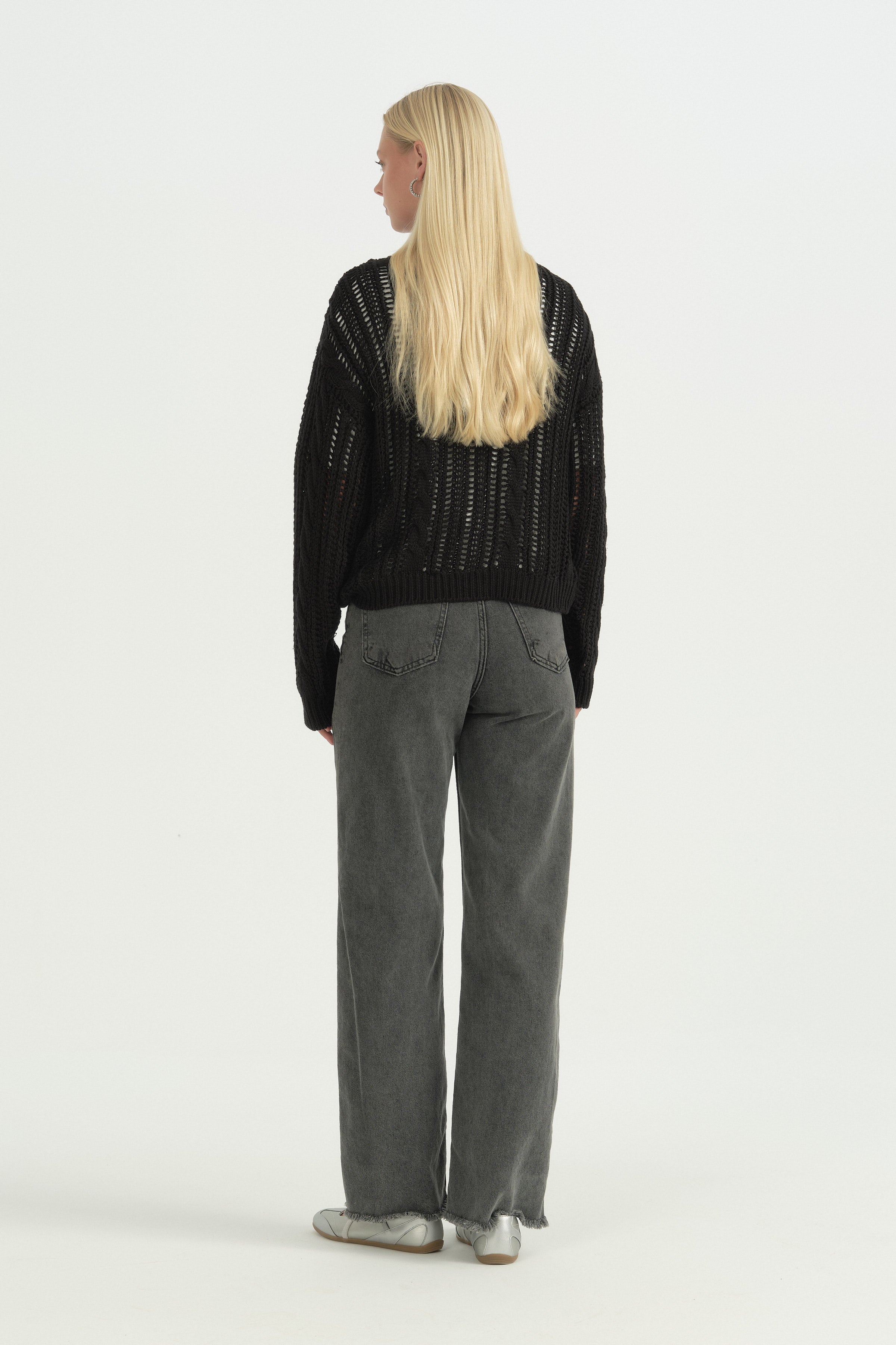 Oversize Örgü Detaylı Pamuklu Tunik - Siyah