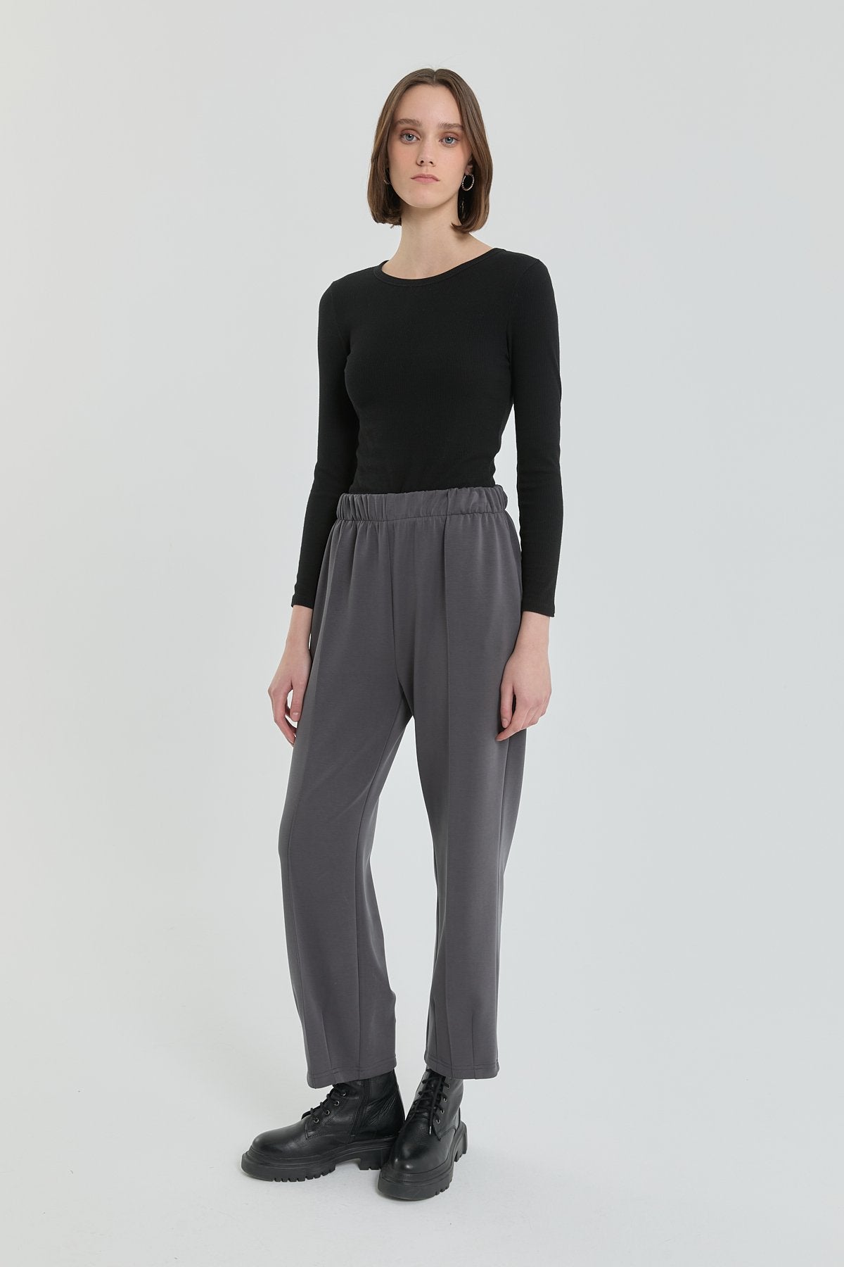 Detailed Hem, Elastic Waist Knitted Trousers - Anthracite