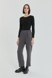 Detailed Hem, Elastic Waist Knitted Trousers - Anthracite