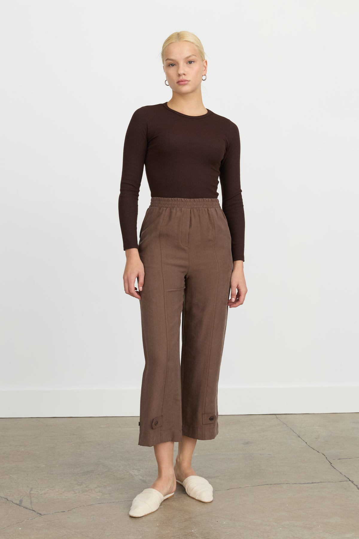 Paçası Düğmeli Tencel Pantolon - Kahve