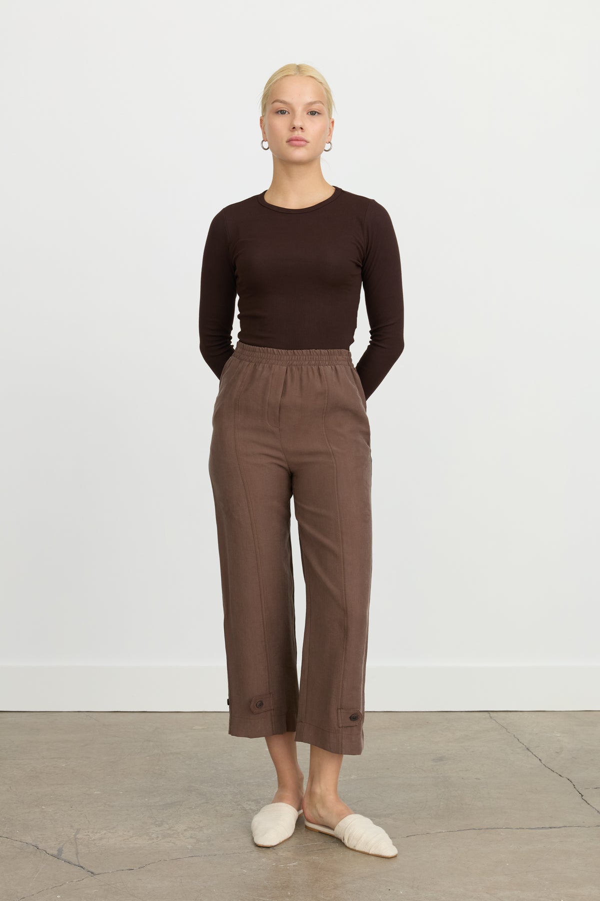Paçası Düğmeli Tencel Pantolon - Kahve
