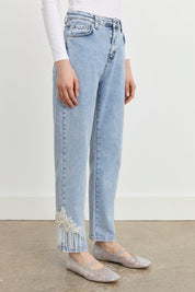 Denim Jeans with Embroidered Hem - Blue