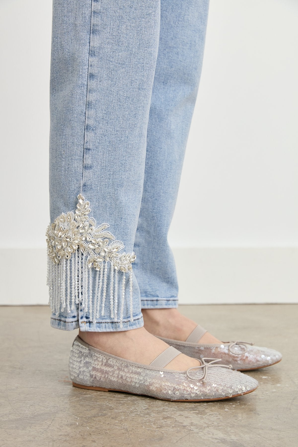 Denim Jeans with Embroidered Hem - Blue