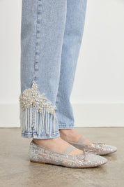 Denim Jeans with Embroidered Hem - Blue